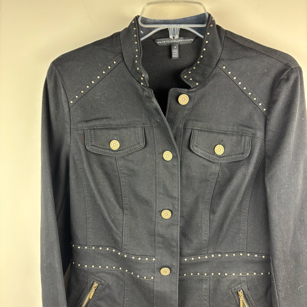 White House Black Market Black Denim Stud-Trim Utility Jacket - Picture 5 of 11